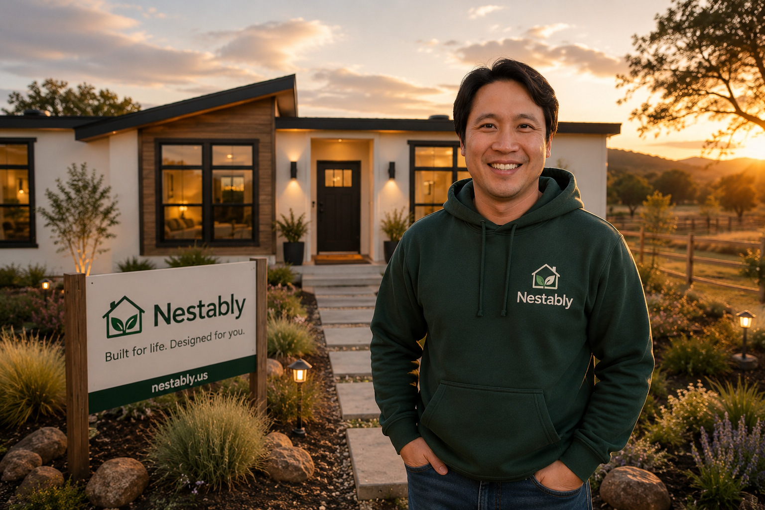 Ramyr Martinez, Founder of Nestably, standing in front of a Nestably model home at sunset